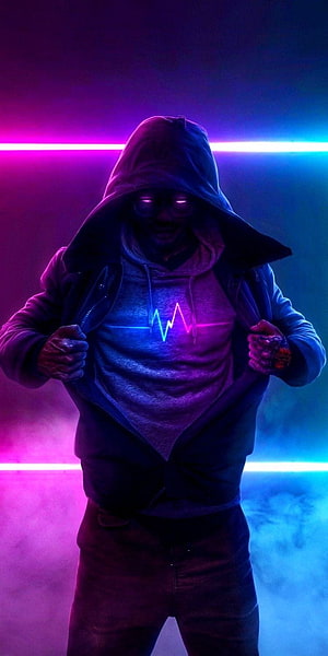 Mysterious Hooded Figure Revealing Glowing Neon Heartbeat Line Art HD phone wallpaper