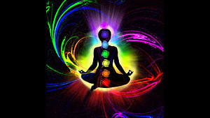 Meditating Figure With Seven Glowing Chakra Energy Centers And Vibrant Swirling Aura HD wallpaper