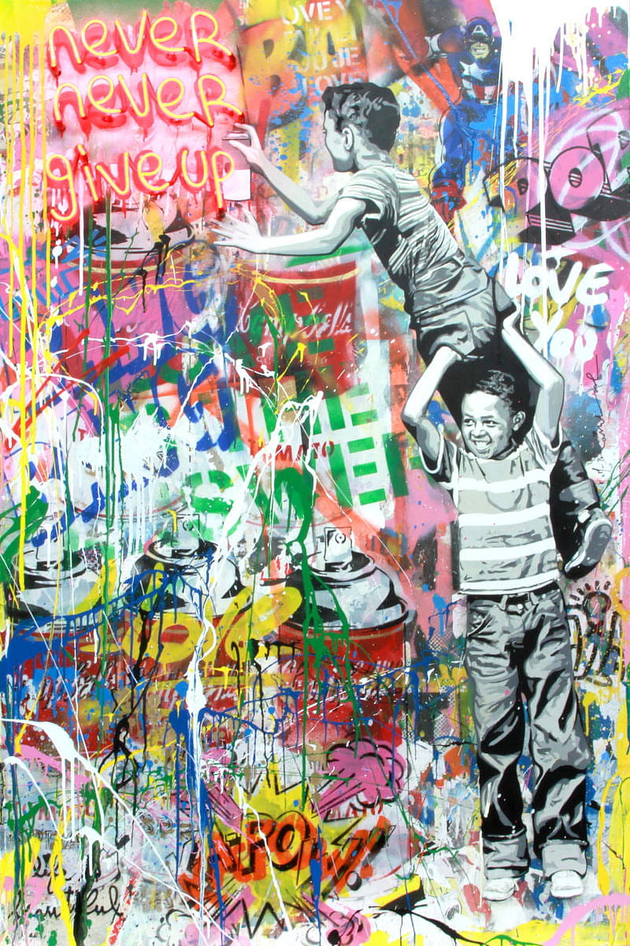 Mr Brainwash Street Art: Boys on Spray Cans with Never Give Up Message HD phone wallpaper