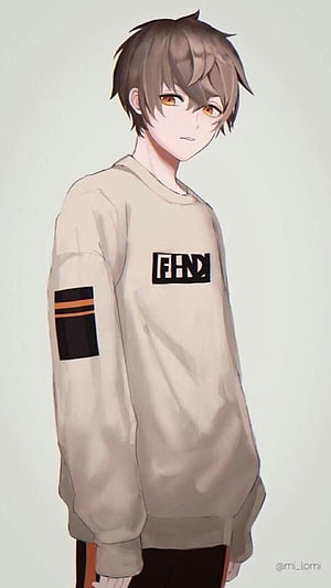 Anime Boy in Beige Sweatshirt with Black Graphic and Orange Eyes HD phone wallpaper