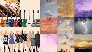 Taylor Swift Eras Collage Featuring Album Covers, Guitars, and Illustrated Figures HD wallpaper