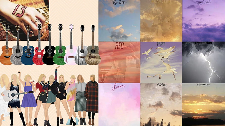 Taylor Swift Eras Collage Featuring Album Covers, Guitars, and Illustrated Figures HD wallpaper