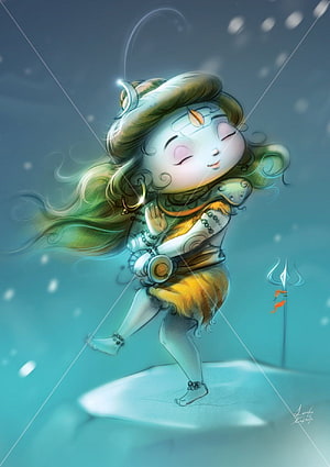 Cute Chibi Lord Shiva Digital Art with Trishula and Crescent Moon HD phone wallpaper