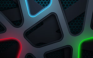 Abstract 3D Metal Grid with Neon Blue, Red, and Green Accents HD wallpaper