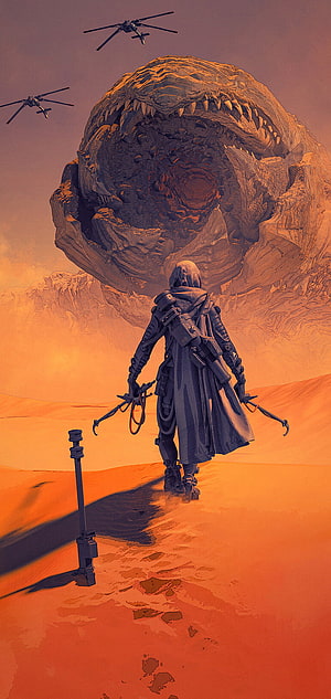 Dune Sci-Fi Concept Art: Lone Wanderer Facing Giant Sandworm in Desert HD phone wallpaper