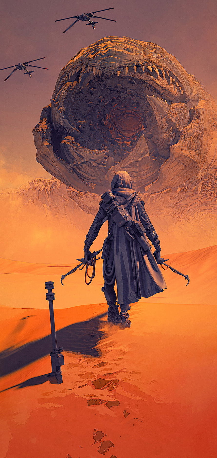 Dune Sci-Fi Concept Art: Lone Wanderer Facing Giant Sandworm in Desert HD phone wallpaper