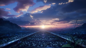 Anime Style Train Tracks at Sunset with Purple Clouds and Blue Flowers HD wallpaper