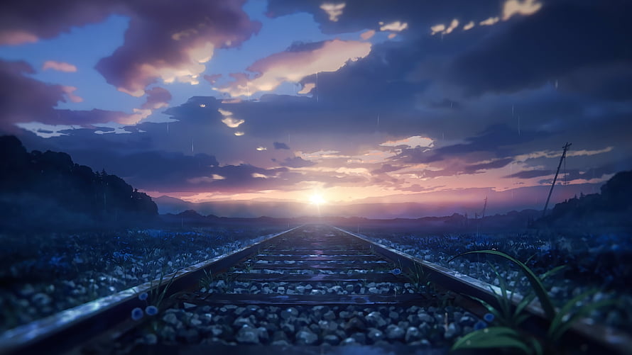 Anime Style Train Tracks at Sunset with Purple Clouds and Blue Flowers HD wallpaper