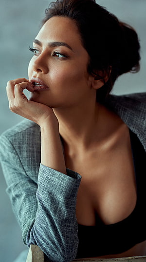 Esha Gupta Pensive Portrait in Grey Blazer and Black Top HD phone wallpaper