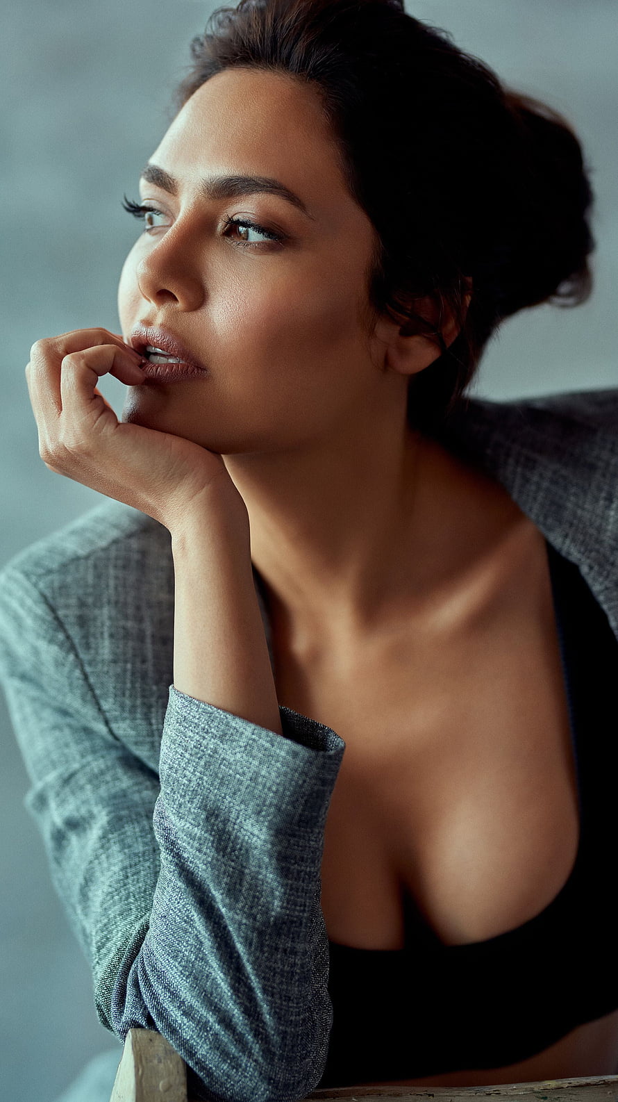 Esha Gupta Pensive Portrait in Grey Blazer and Black Top HD phone wallpaper