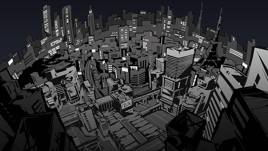 Monochrome Anime Cityscape at Night with Skyscrapers and Tower HD wallpaper