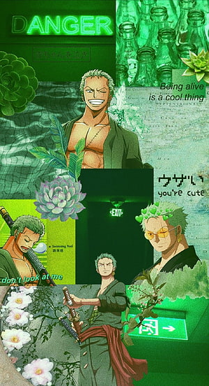 Roronoa Zoro One Piece Green Aesthetic Collage Wallpaper HD phone wallpaper