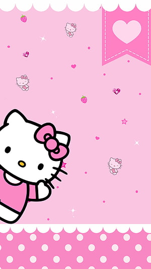 Cute Hello Kitty Pink Background with Hearts, Strawberries, and Polka Dots HD phone wallpaper