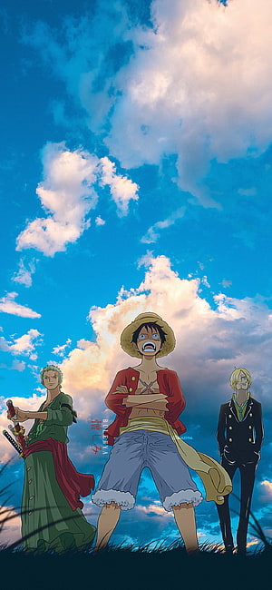 Luffy Zoro and Sanji standing together under a vast blue sky with clouds HD phone wallpaper