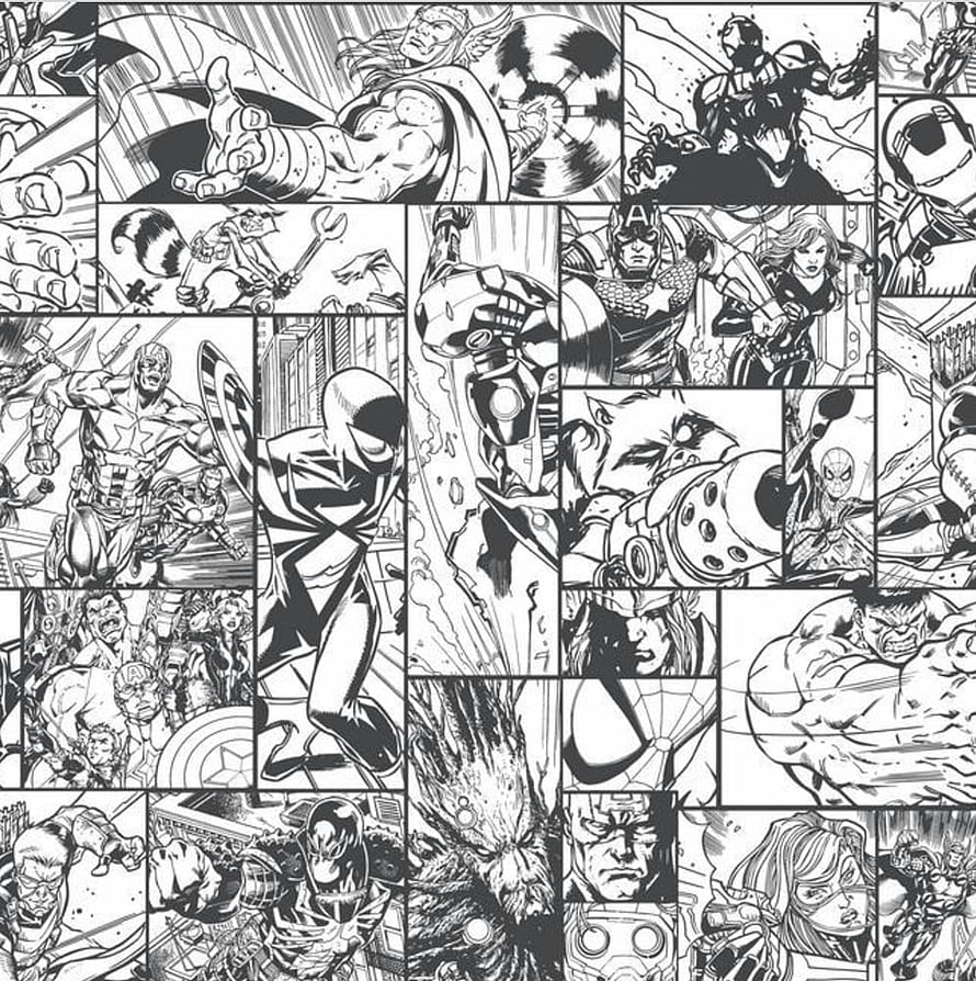 Black and White Marvel Comics Panel Grid Featuring Captain America, Thor, Iron Man, and Spider-Man HD phone wallpaper