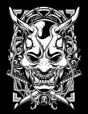 Japanese Hannya Demon Mask Tattoo Design With Crossed Swords And Skull Emblem HD phone wallpaper
