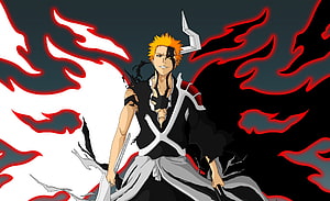 Ichigo Kurosaki in Bankai Form with Dual Zanpakuto and Crimson Energy Aura HD wallpaper