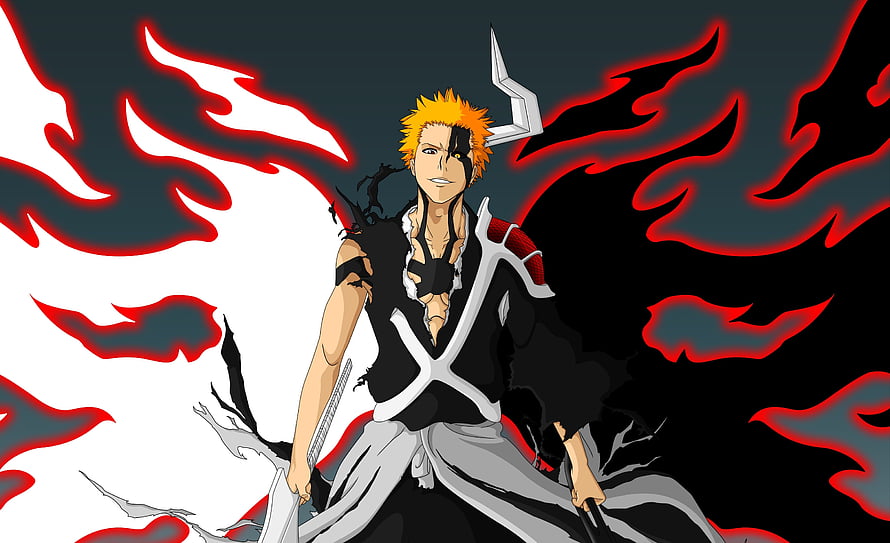 Ichigo Kurosaki in Bankai Form with Dual Zanpakuto and Crimson Energy Aura HD wallpaper