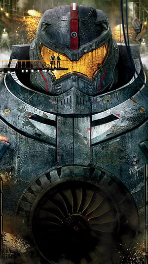 Pacific Rim Jaeger Head and Chest Plate with Glowing Golden Visor and Industrial Turbine HD phone wallpaper