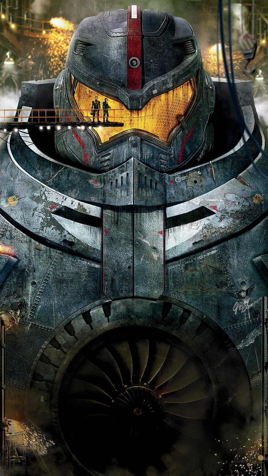 Pacific Rim Jaeger Head and Chest Plate with Glowing Golden Visor and Industrial Turbine HD phone wallpaper