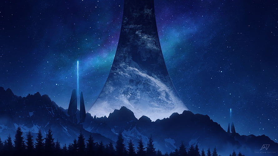 Halo Infinite Night Sky Concept Art with Monolith and Aurora HD wallpaper