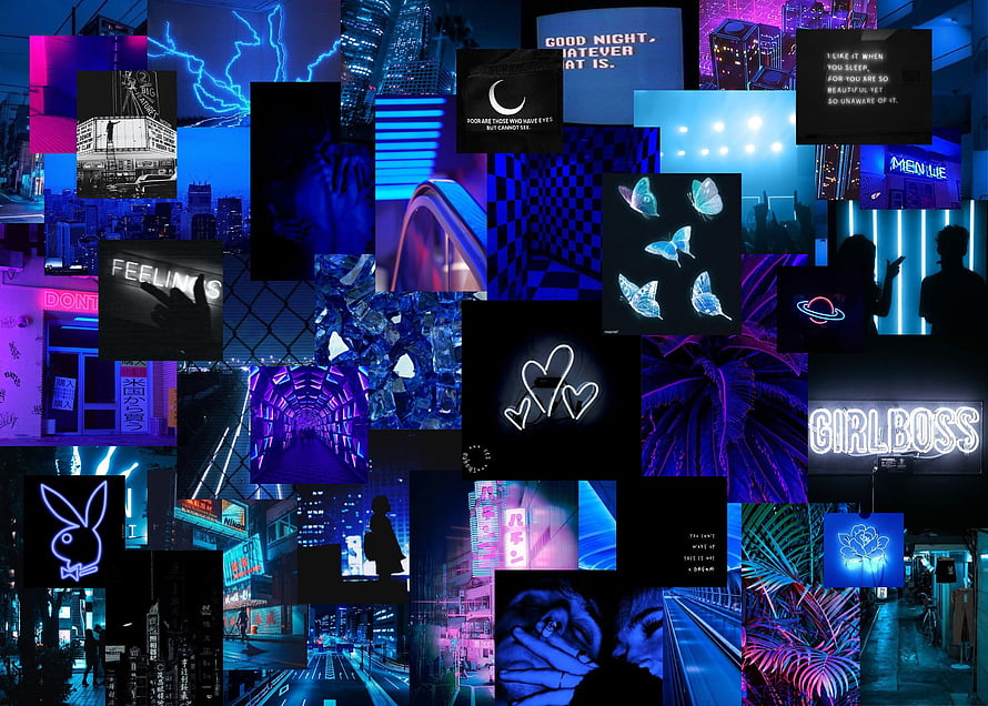 Neon Cyberpunk Cityscape Collage With Blue And Purple Aesthetic HD wallpaper