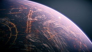 Coruscant Planet Surface at Night with City Lights and Orbital Atmosphere HD wallpaper
