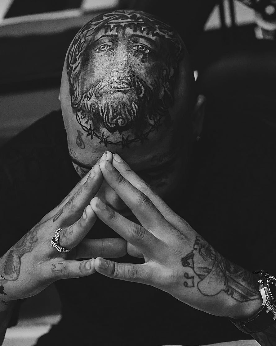 MC Kevin Black and White Portrait with Full Face Tattoos and Hands in Prayer Position HD phone wallpaper