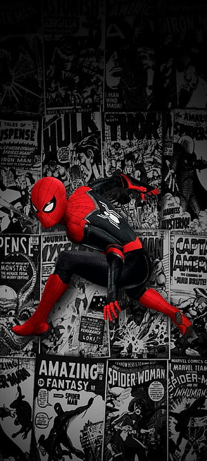 Spider-Man in red and black suit crouching against vintage Marvel comic book covers background, Spiderman, art, comic HD phone wallpaper