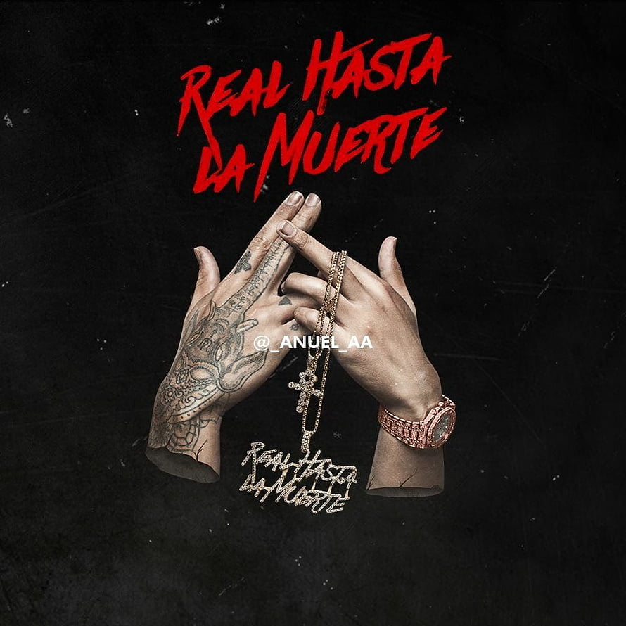 Anuel AA Real Hasta La Muerte album cover art featuring tattooed hands, diamond cross necklace, and luxury watch on dark background HD phone wallpaper