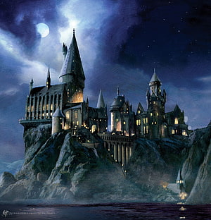 Hogwarts Castle at Night with Moonlit Sky and Illuminated Windows HD phone wallpaper