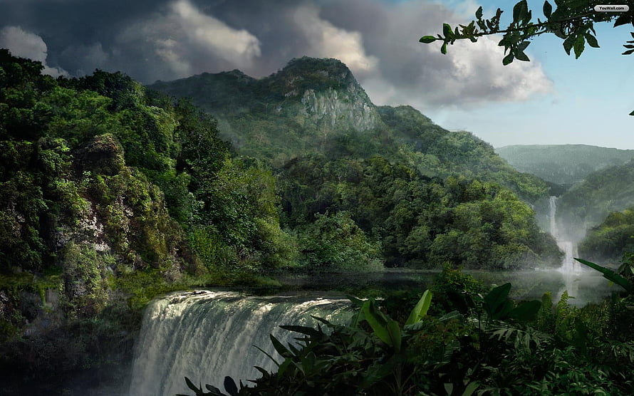 Majestic Waterfall Cascading Through Lush Green Jungle Mountains Under Dramatic Clouds HD wallpaper