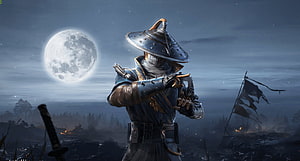 PUBG Season 9 Warrior in Moonlit Battlefield with Full Moon and Tattered Flag HD wallpaper