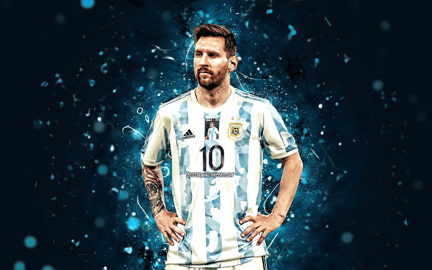 Lionel Messi in Argentina National Team Kit with Blue Neon Particle Effects HD wallpaper