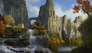 Fantasy Landscape With Waterfall, Ancient Ruins, And Autumn Forest HD wallpaper