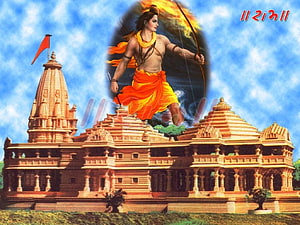 Lord Rama with Bow and Arrow Floating Above Ancient Hindu Temple Architecture HD wallpaper