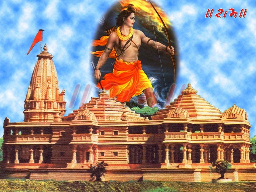 Lord Rama with Bow and Arrow Floating Above Ancient Hindu Temple Architecture HD wallpaper