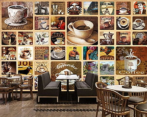 Retro Coffee Shop Mural Wall Art Featuring Vintage Cafe Posters and Espresso Illustrations HD wallpaper