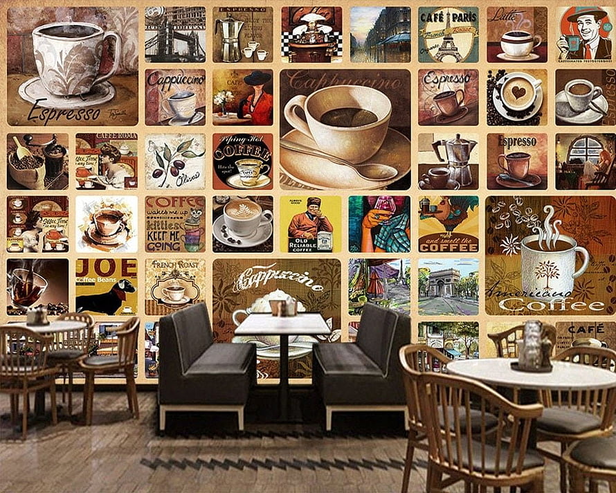 Retro Coffee Shop Mural Wall Art Featuring Vintage Cafe Posters and Espresso Illustrations HD wallpaper