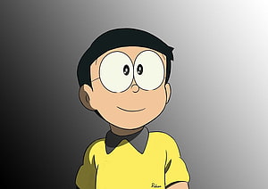 Nobita Nobi from Doraemon anime character portrait wearing yellow shirt and glasses HD wallpaper