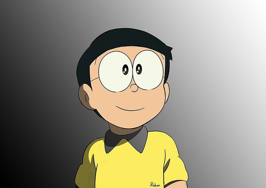 Nobita Nobi from Doraemon anime character portrait wearing yellow shirt and glasses HD wallpaper