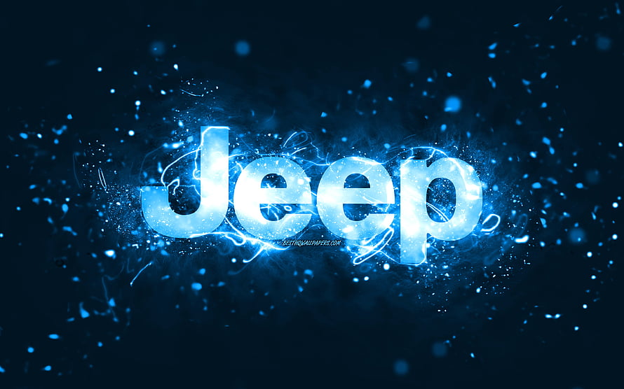 Jeep Brand Logo with Electric Blue Neon Glow and Particle Effects on Dark Background HD wallpaper