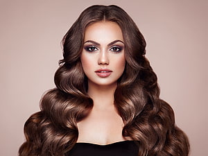 Studio Portrait of a Woman with Voluminous Brown Curls and Dramatic Makeup, Woman model, curly hair, makeup, brunette HD wallpaper