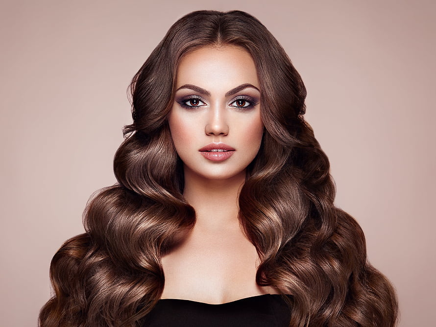 Studio Portrait of a Woman with Voluminous Brown Curls and Dramatic Makeup, Woman model, curly hair, makeup, brunette HD wallpaper