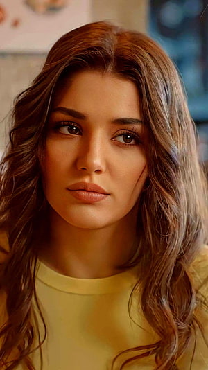 Portrait of a Woman with Wavy Brown Hair and a Yellow Top, Hande ercel, turkish actress HD phone wallpaper