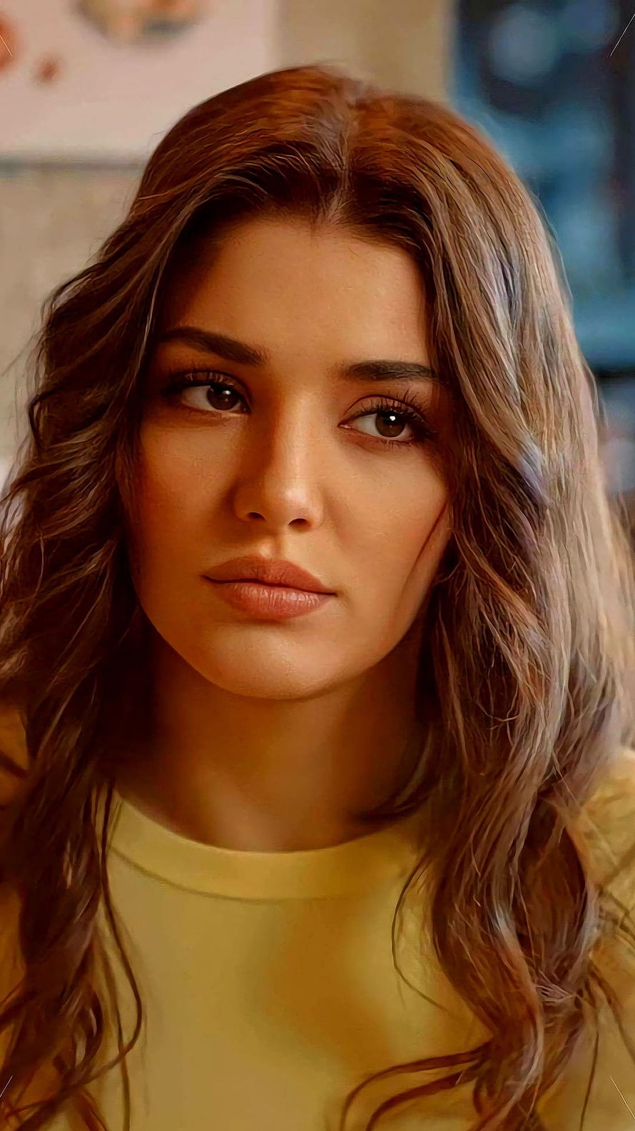 Portrait of a Woman with Wavy Brown Hair and a Yellow Top, Hande ercel, turkish actress HD phone wallpaper