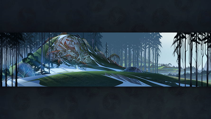 Stylized Fantasy Forest Landscape with Ancient Carved Stone and Misty Bamboo HD wallpaper