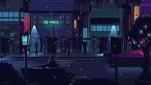 Neon Cyberpunk City Street at Night with Snowfall and Silhouetted Figures HD wallpaper