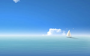 Minimalist sailboat drifting on a calm turquoise sea beneath a vast blue sky with soft clouds HD wallpaper