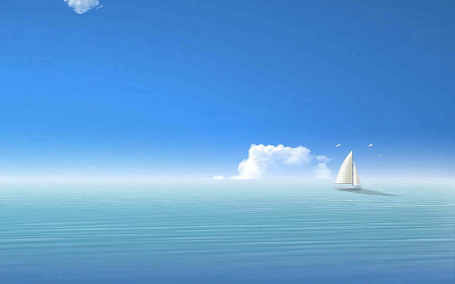 Minimalist sailboat drifting on a calm turquoise sea beneath a vast blue sky with soft clouds HD wallpaper